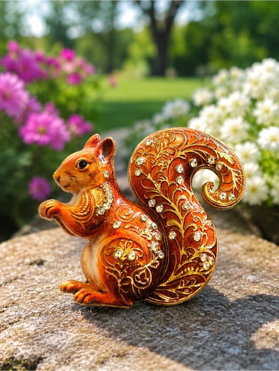 None Jewelry - Ornate Orange Squirrel Brooch with Crystal Accents